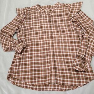 Treasure & Bond Brown Plaid Button Down Shirt Ruffle Sleeve
